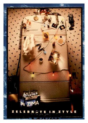 Original gloss vintage refrigerator with a Zima Holiday poster for 1995 Coors Zima holiday collection