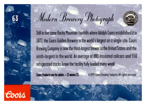 Coors Brewery trading card from 1995 featuring Modern Brewery with original gloss Simply Sandoval
