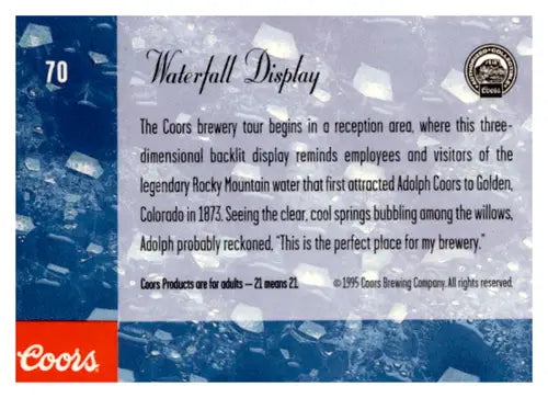 Original gloss Coors brewery tour card featuring waterfall display from Simply Sandoval