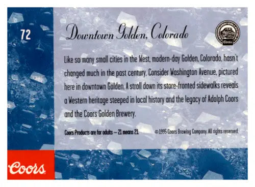Coors Brewery trading card showing Downtown Golden Colorado scene for collectible product