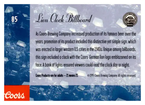 Original gloss Coors Lion Clock Billboard card from 1995 featuring the lion clock billboard design