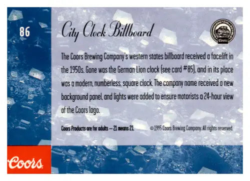 Original gloss Coors City Clock Billboard card showcasing iconic city clock design
