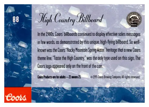 Original gloss Coors beer card featuring High Country Billboard design from 1995
