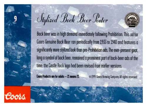 Original gloss stylized bock beer poster card for Coors Bock Beer displayed in 1995 product