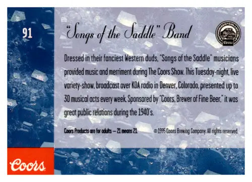 Original gloss Coors Songs of the Saddle Band card featuring Simply Sandoval near mint