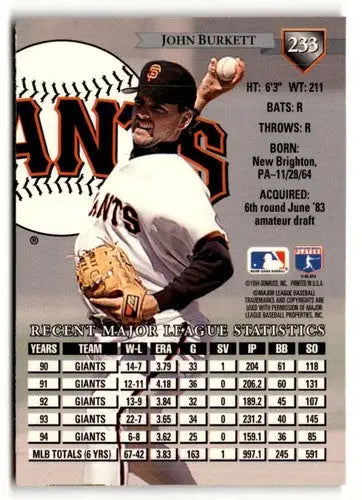 Original gloss 1995 Donruss John Burkett baseball card featuring John Burkett and Simply Sandoval