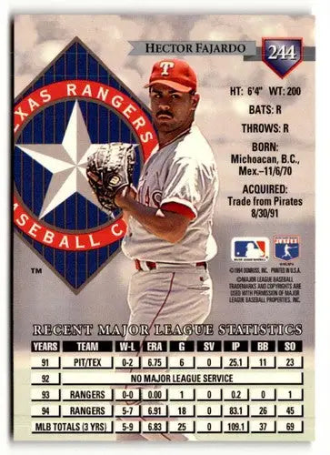 Original gloss Hector Fajardo baseball card from 1995 Donruss #244 featuring Simply Sandoval