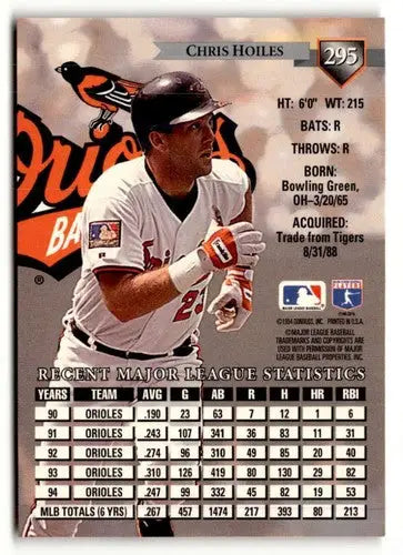 Original gloss 1995 Donruss Chris Hoiles baseball card featuring Simply Sandoval ID50802