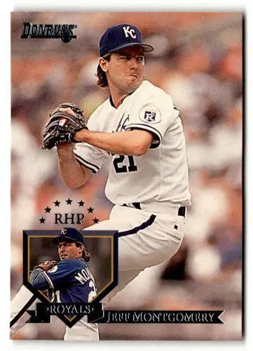 Original gloss Jeff Montgomery baseball card from 1995 Donruss #321 display