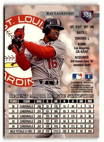 Original gloss Ray Lankford baseball card from 1995 Donruss featuring Ray Lankford