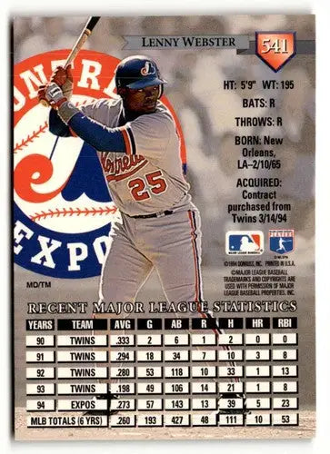 Original gloss Lenny Webster baseball card from 1995 Donruss #541 featuring simply Sandoval