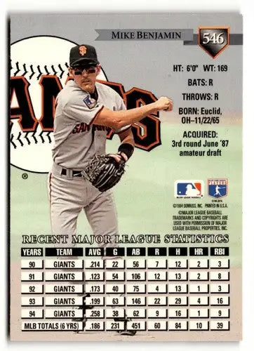 Baseball card back featuring Mike Benjamin from 1995 Donruss with original gloss