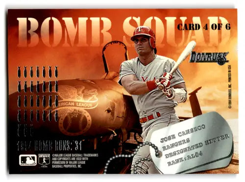 Original gloss Donruss Bomb Squad baseball trading card featuring Jose Canseco near mint