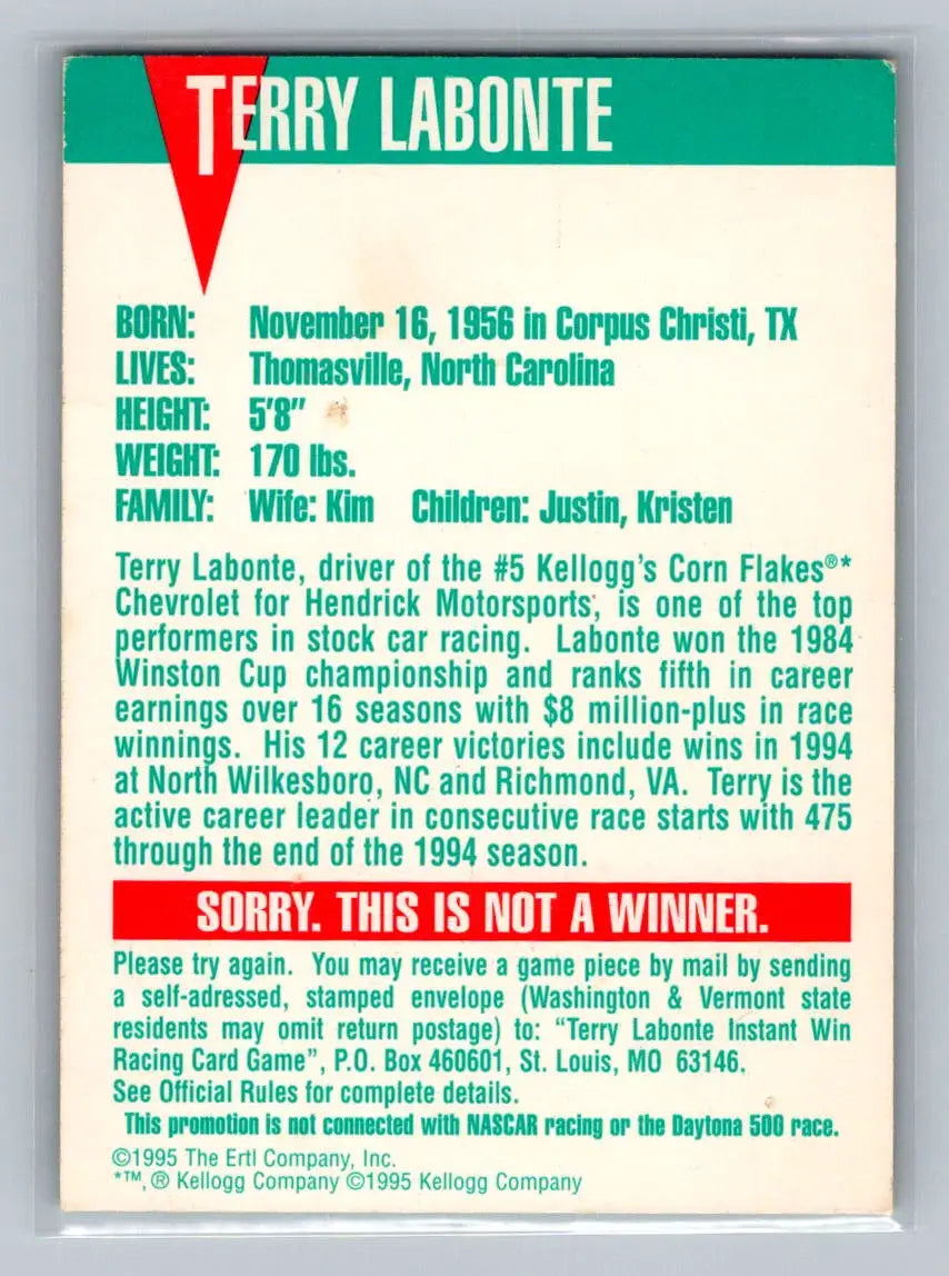 1995 Ertl #NNO Terry Labonte Hendrick Motorsports - Racing Card Single