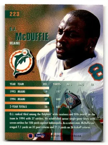 O.J. McDuffie Miami Dolphins football card with original gloss from 1995 Fleer series