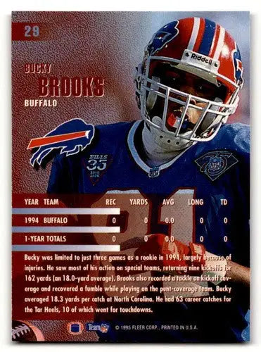 Original gloss Bucky Brooks Buffalo football card from 1995 Fleer #29 featuring Brooks Buffalo Bills