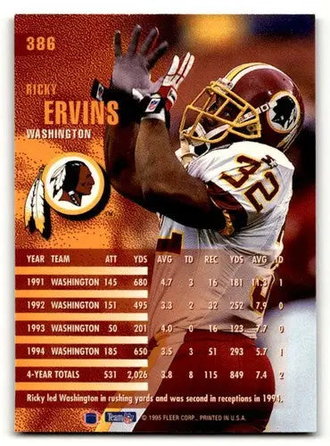 Original gloss Ricky Ervins Washington Redskins football card from 1995 Fleer NM N