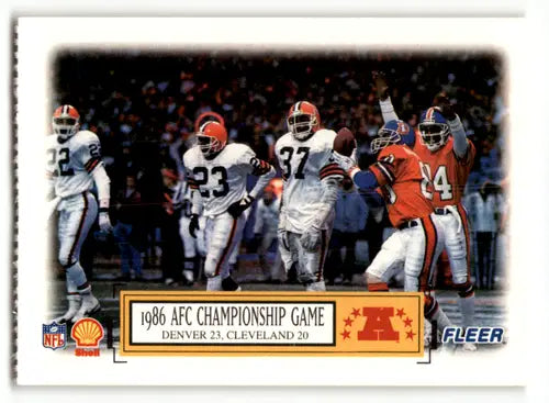 Fleer Shell 1986 AFC Championship Game football trading card featuring Denver Broncos vs Cleveland Browns