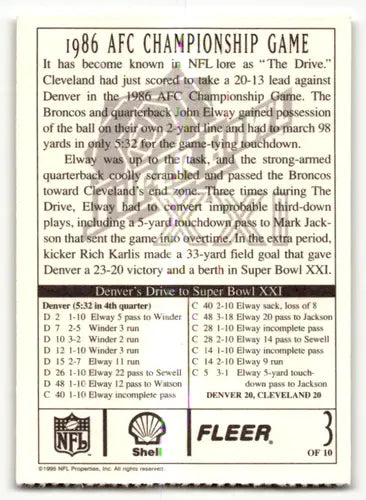 Vintage 1986 Fleer Shell AFC Championship Game football trading card featuring Denver Broncos vs Browns