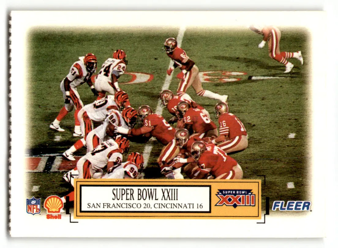 1989 Fleer Shell Super Bowl XXIII football trading card featuring 49ers vs Bengals game action