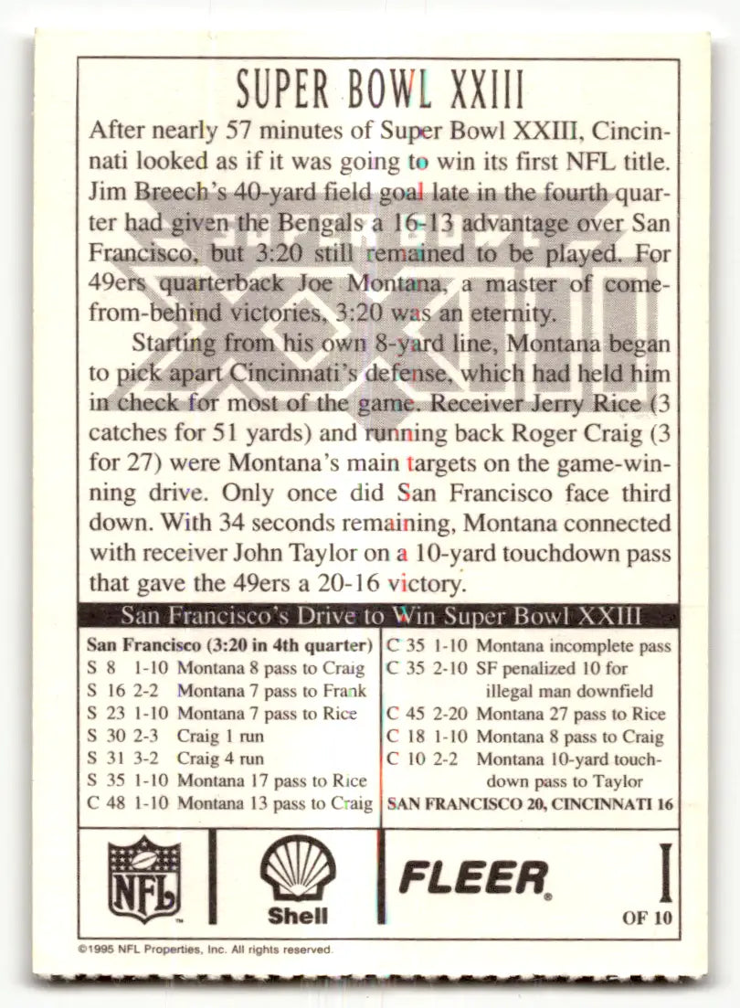 Vintage Fleer Shell Super Bowl XXIII trading card from 1995 San Francisco 49ers vs Cincinnati Bengals
