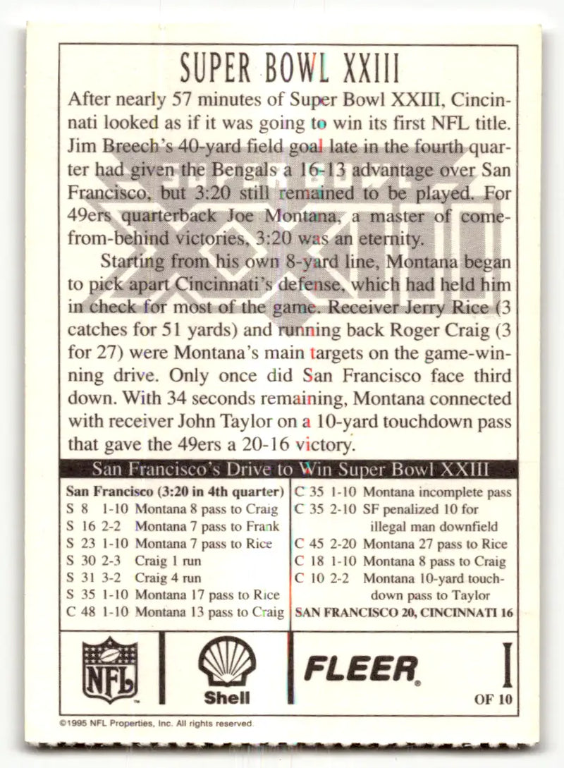 Vintage Fleer Shell Super Bowl XXIII trading card from 1995 San Francisco 49ers vs Cincinnati Bengals