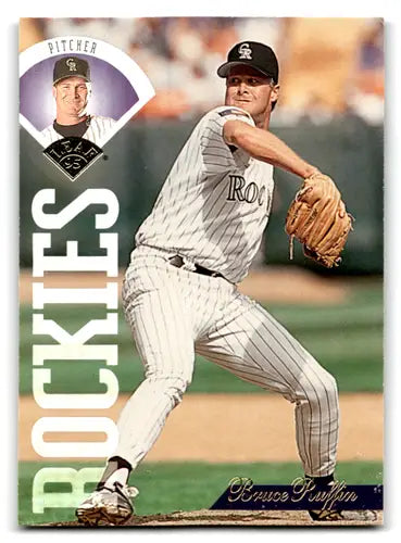 Original gloss baseball card featuring Bruce Ruffin from the 1995 Leaf Rockies series