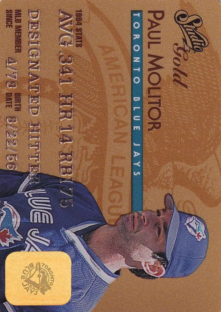 Paul Molitor Toronto Blue Jays baseball card from 1995 Leaf Studio Baseball Gold Credit