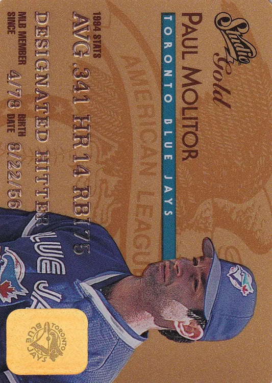 Paul Molitor Toronto Blue Jays baseball card from 1995 Leaf Studio Baseball Gold Credit