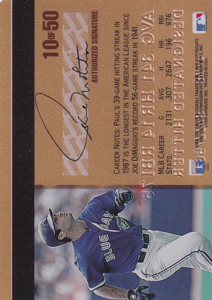 1995 Leaf Studio Baseball Gold Credit Card 10 Paul Molitor in blue uniform throwing