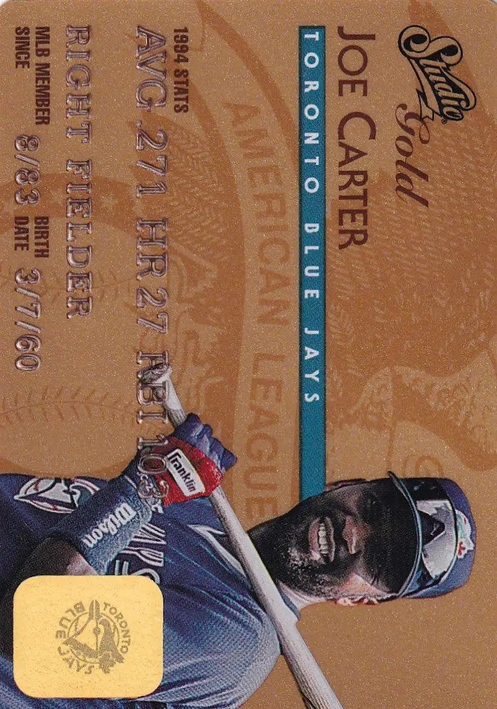 Toronto Blue Jays player Joe Carter in batting stance on 1995 Leaf Studio Baseball Gold Credit