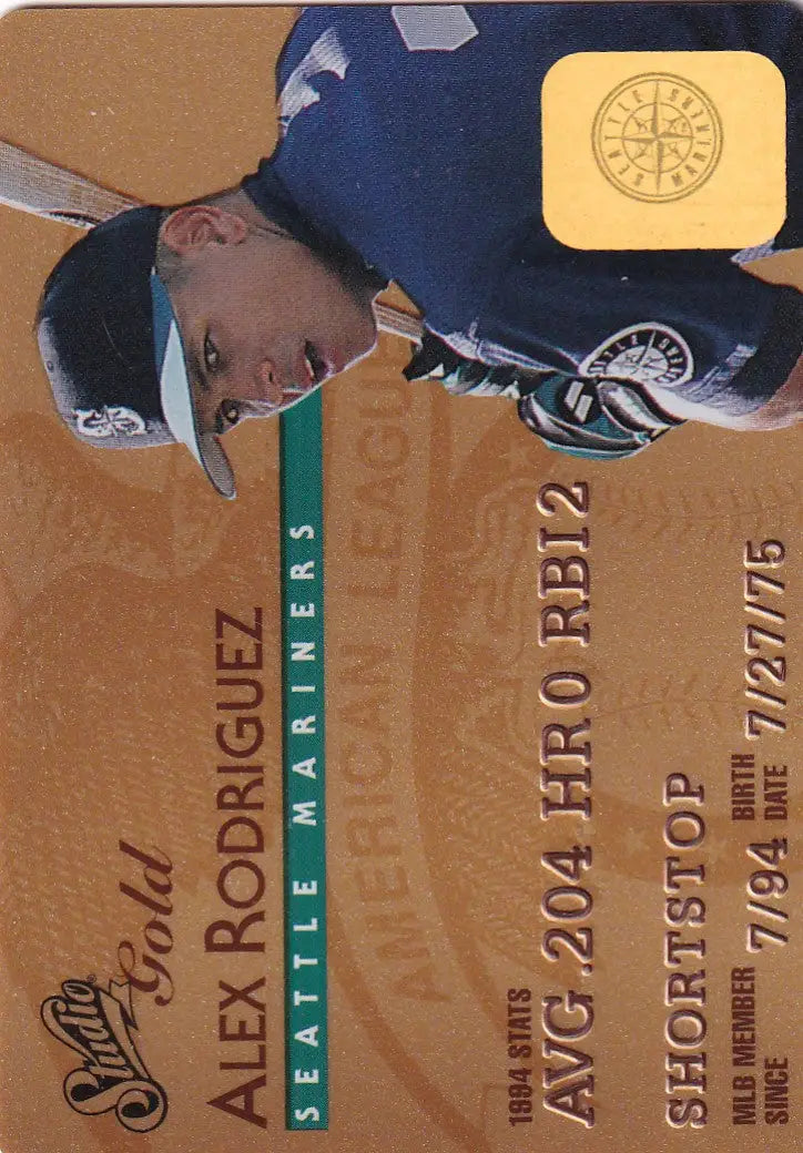 Baseball card of Alex Rodriguez in Seattle Mariners uniform from 1995 Leaf Studio Baseball Gold