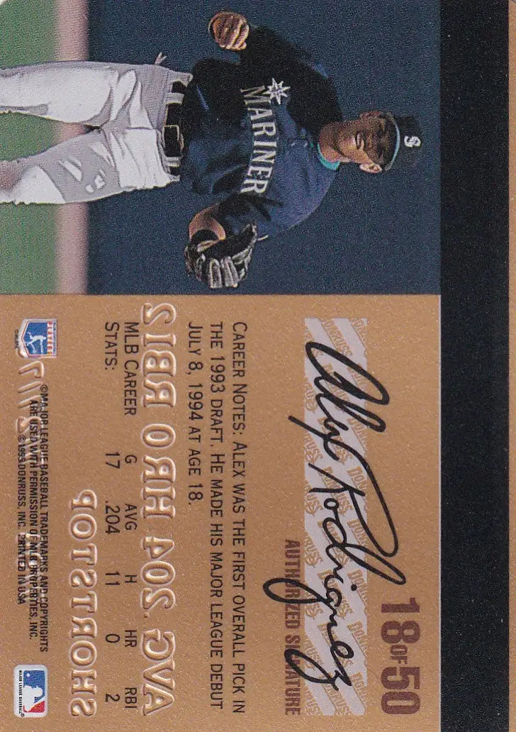 Baseball card of Alex Rodriguez in Seattle Mariners navy uniform, Leaf Studio Baseball Gold