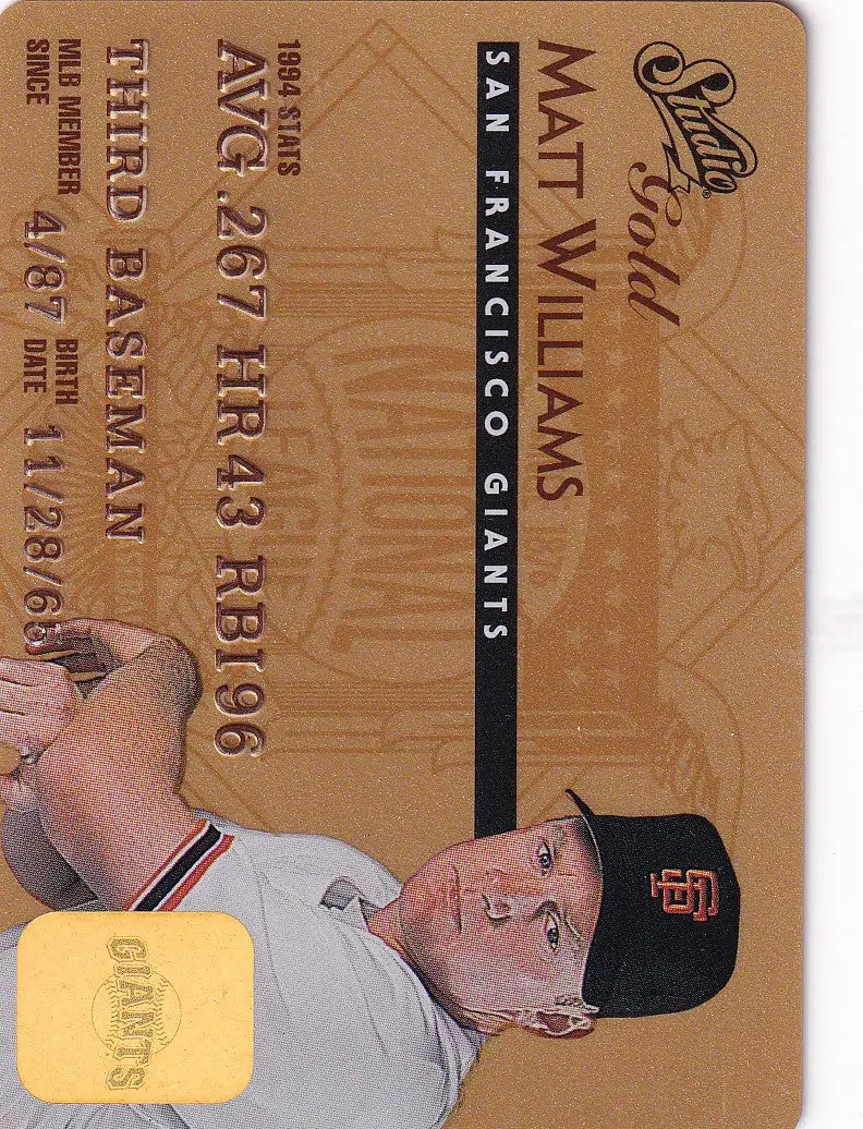 Baseball card of Matt Williams in white uniform, part of 1995 Leaf Studio Baseball Gold Credit