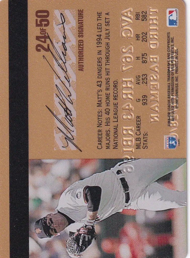 Baseball trading card featuring Matt Williams sliding into base from Leaf Studio Baseball Gold