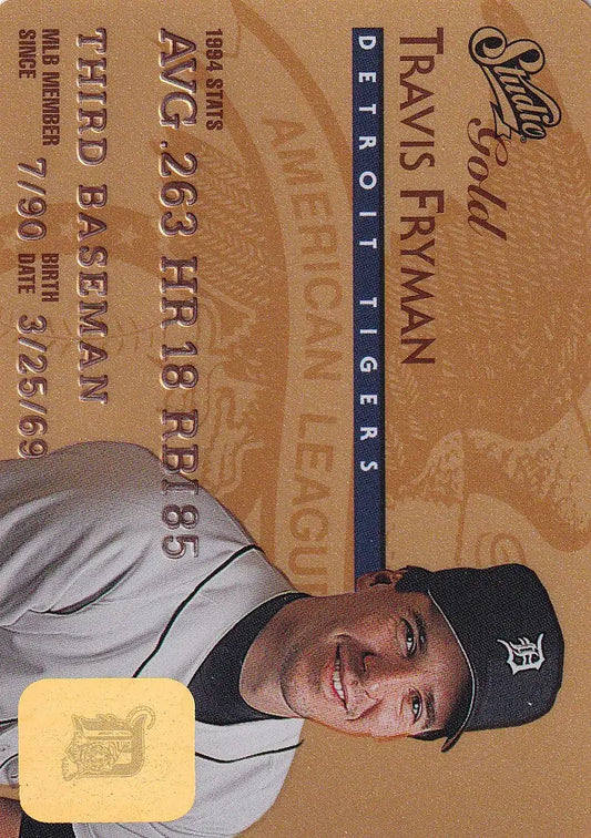Detroit Tigers 1995 Leaf Studio Baseball Gold Credit Card of Travis Fryman in home uniform