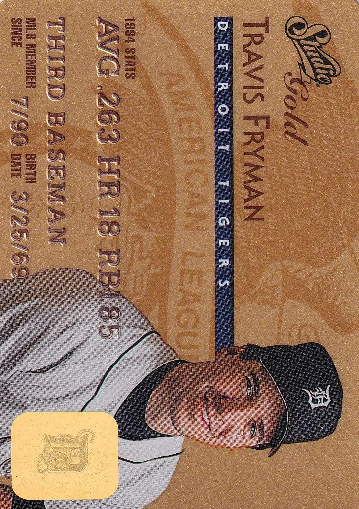 Detroit Tigers 1995 Leaf Studio Baseball Gold Credit Card of Travis Fryman in home uniform