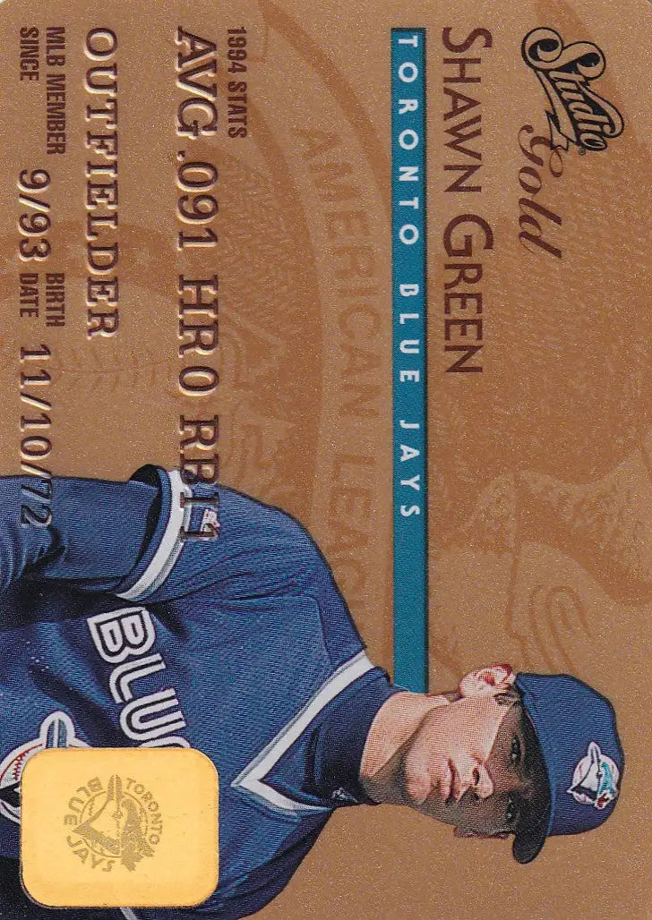 1995 Leaf Studio Baseball Gold Credit Card featuring Shawn Green of the Toronto Blue Jays