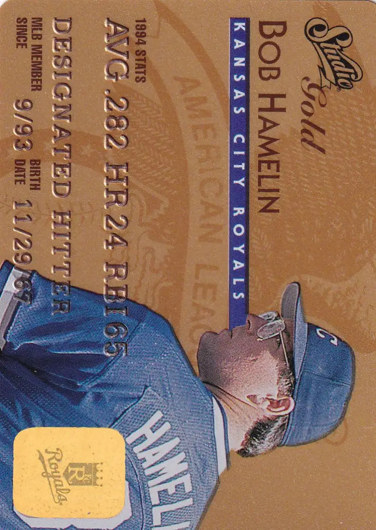Baseball card of Bob Hamelin in blue uniform for 1995 Leaf Studio Baseball Gold Credit