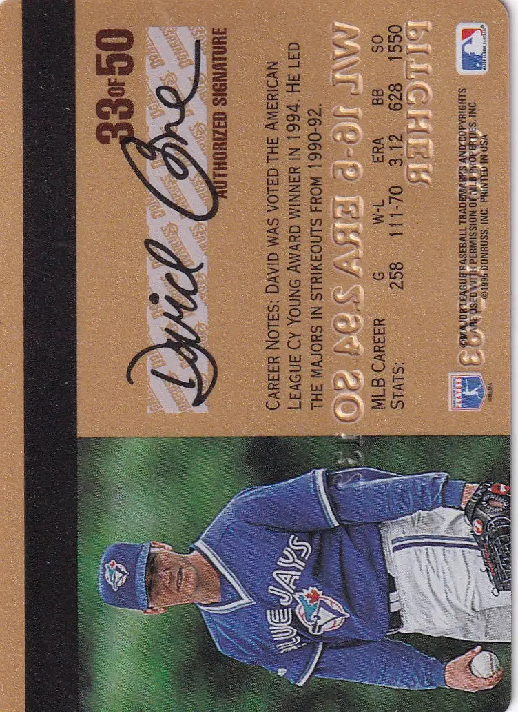 Baseball card of David Cone, Toronto Blue Jays, from 1995 Leaf Studio Baseball Gold Credit