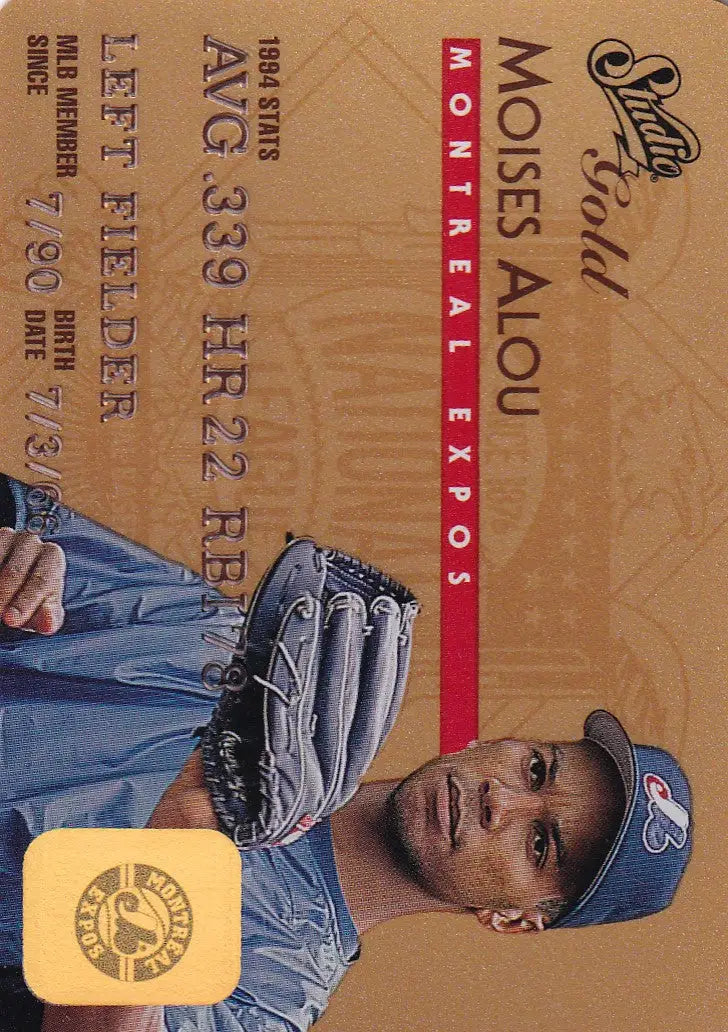 Baseball card featuring Moises Alou from Leaf Studio Baseball Gold Credit series