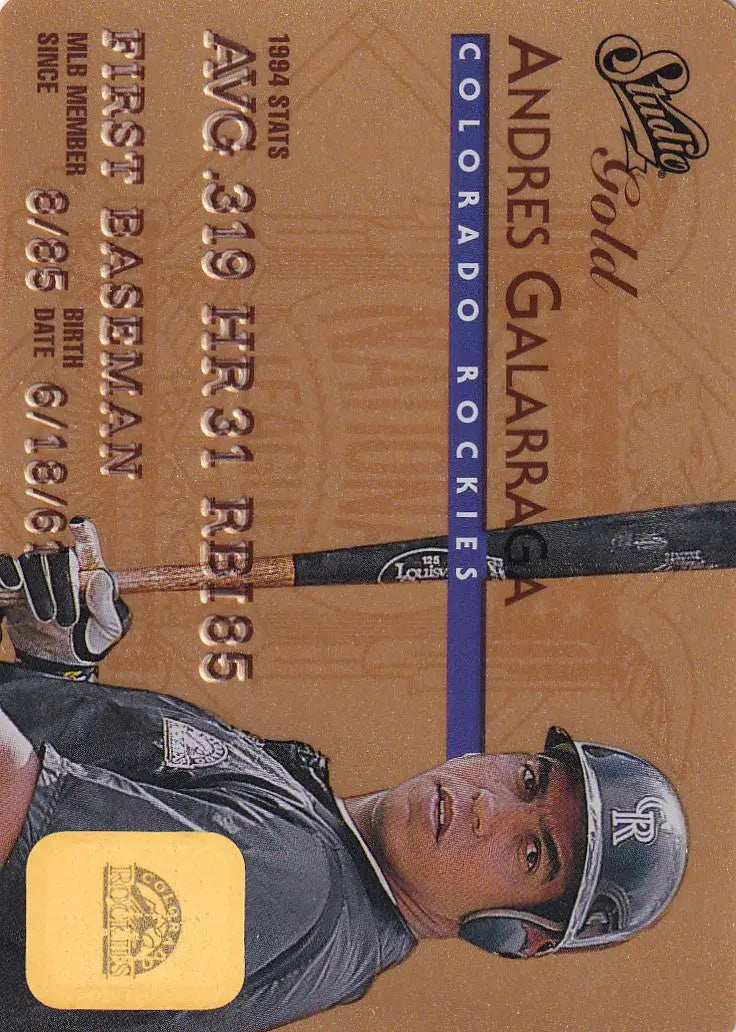 Baseball card of Andres Galarraga in batting stance from 1995 Leaf Studio Baseball Gold