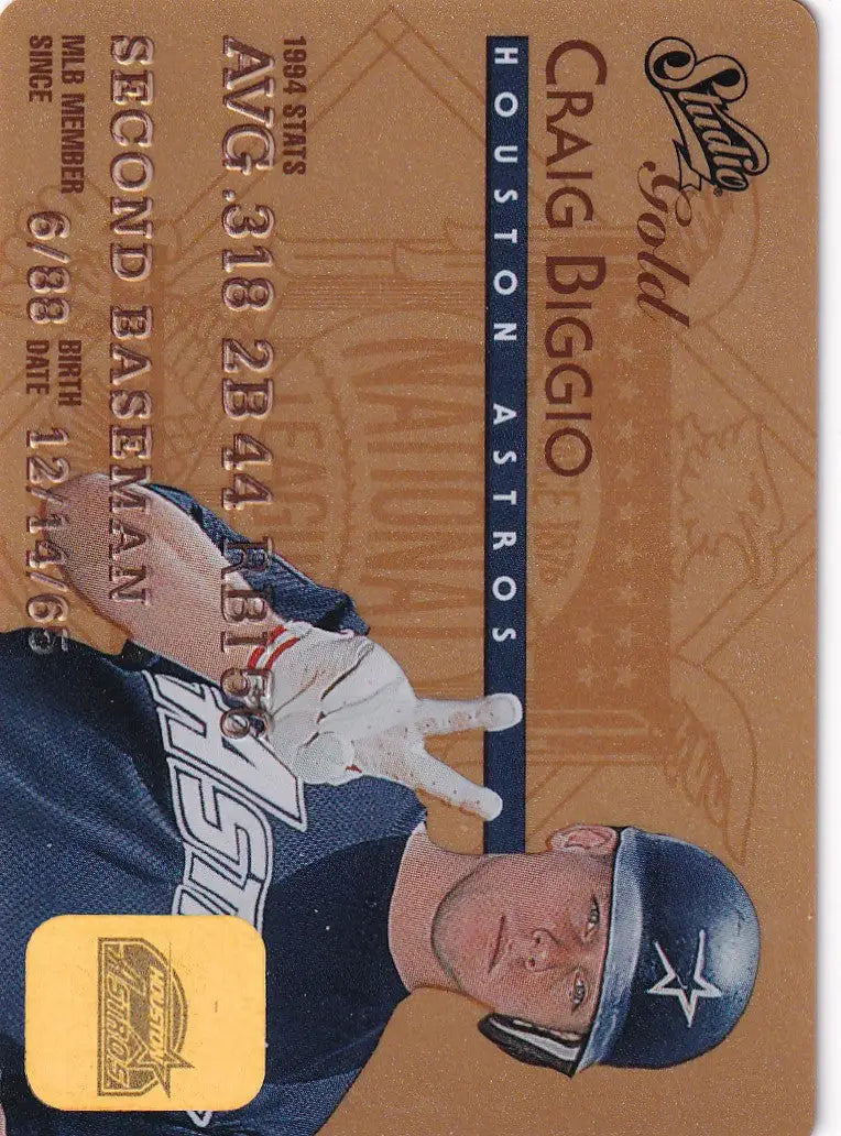 Baseball card of Craig Biggio in batting stance from 1995 Leaf Studio Baseball Gold Credit