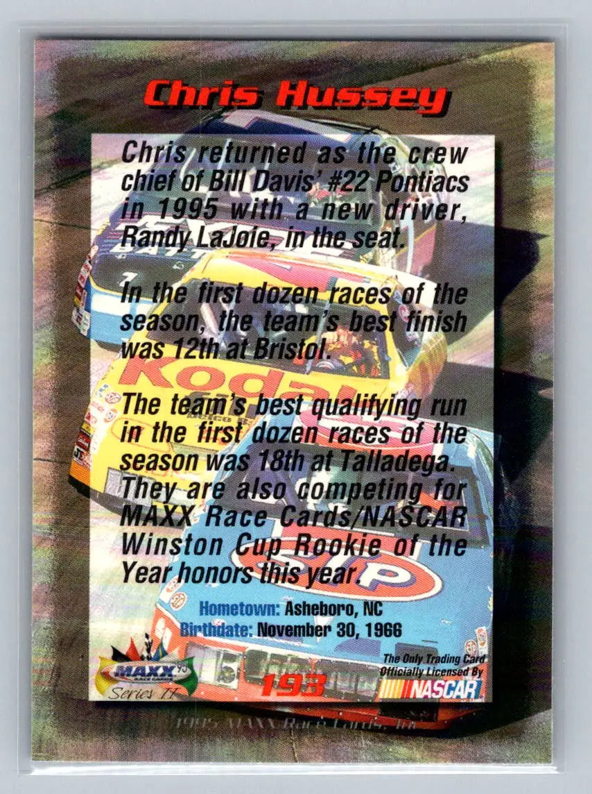 1995 Maxx #193 Chris Hussey Bill Davis Racing - Racing Card Single