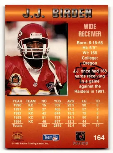 Original gloss 1995 Pacific J.J. Birden Kansas City Chiefs football card featuring stats from 1990-1994