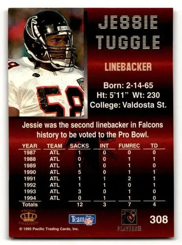 Back of 1995 Pacific Jessie Tuggle Atlanta Falcons football card with stats from 1987-1994