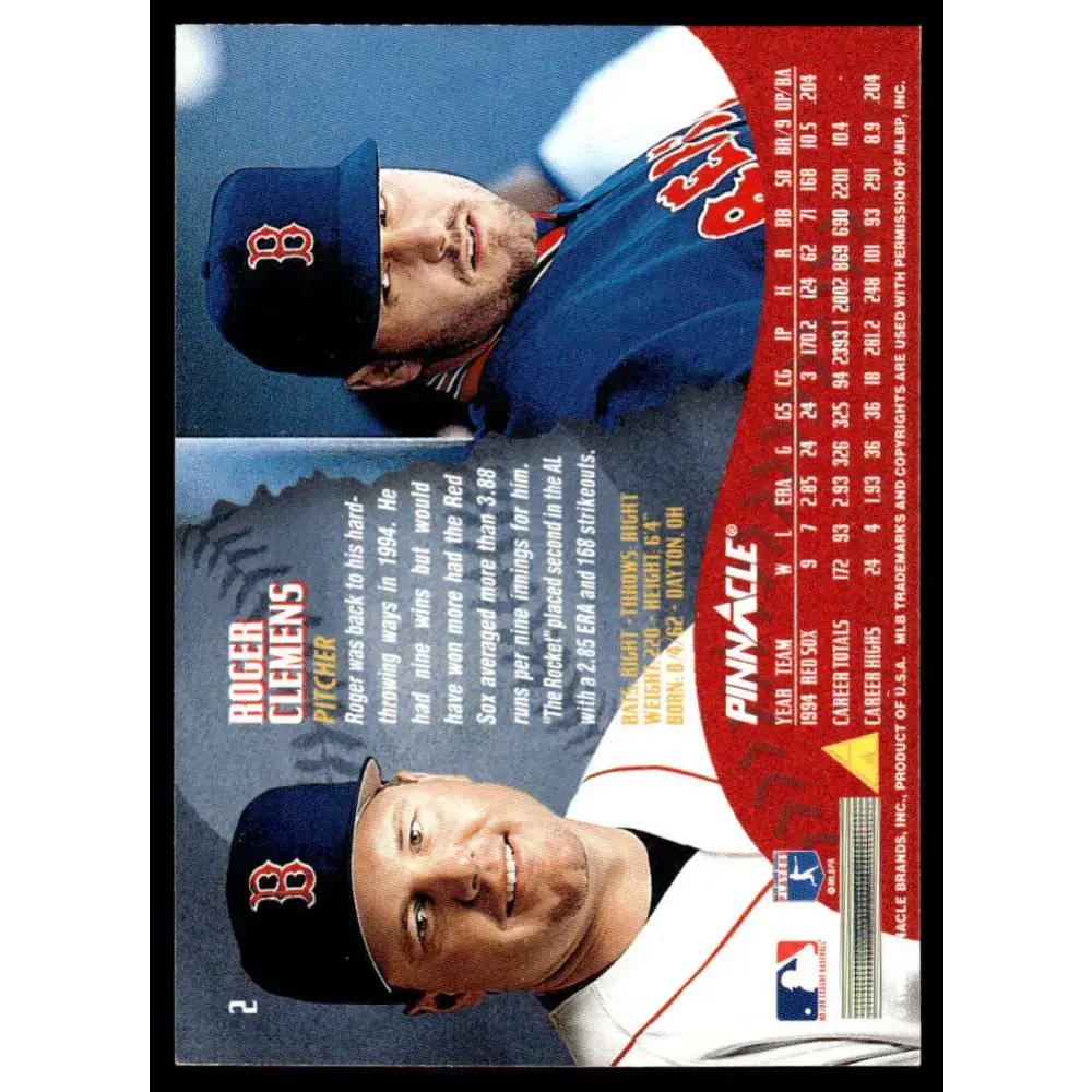 1995 Pinnacle #2 Roger Clemens EX/NM Boston Red Sox Baseball Card - Baseball Card Single
