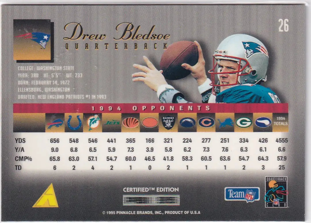 1995 PINNACLE #26 DREW BLEDSOE- NEW ENGLAND PATRIOTS