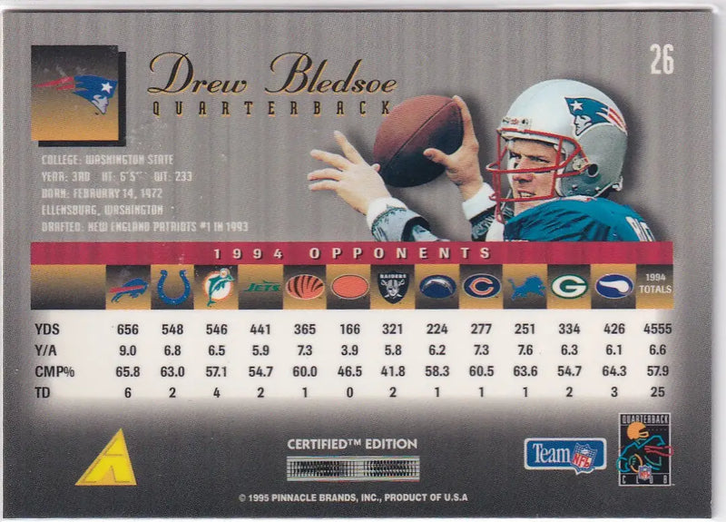 1995 PINNACLE #26 DREW BLEDSOE- NEW ENGLAND PATRIOTS