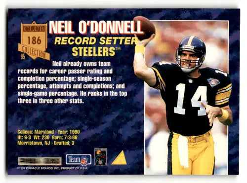 1995 Pinnacle Club Collection Neil O’Donnell football card with original gloss and action shot